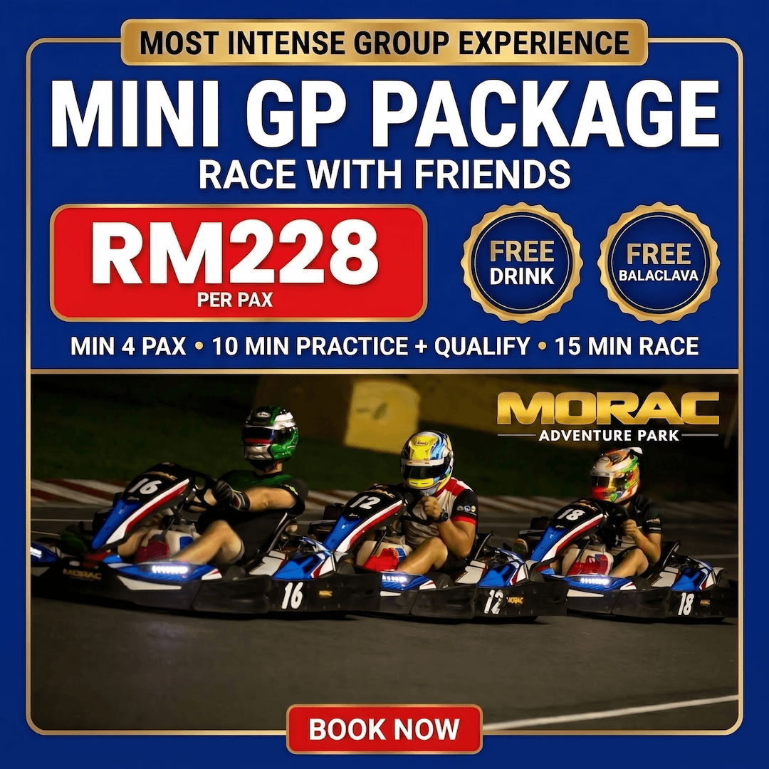five go karts driving in a formation at Morac Adventure Park, Langkawi, Malaysia