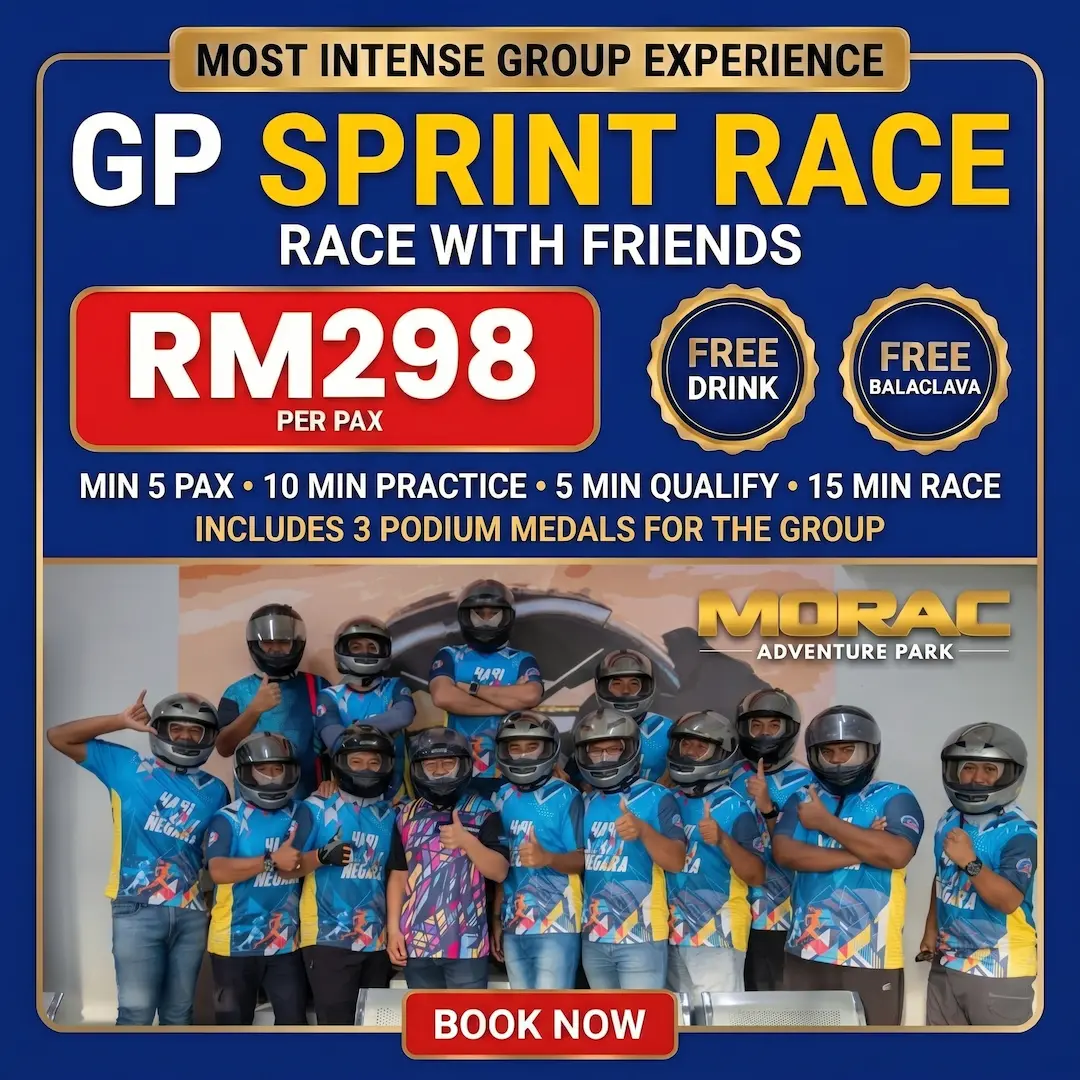 five go karts driving in a formation at Morac Adventure Park, Langkawi, Malaysia